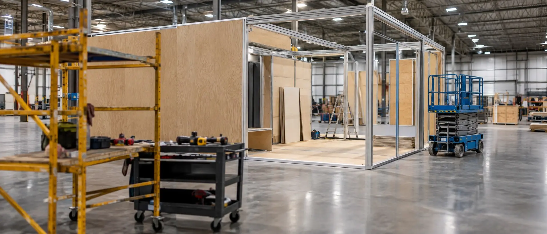 Custom trade show booth under construction during a pre-build fit check in the Expert Staging Productions shop