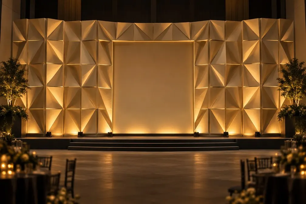 Custom staging facade built from CNC-cut geometric panels and washed with gold light