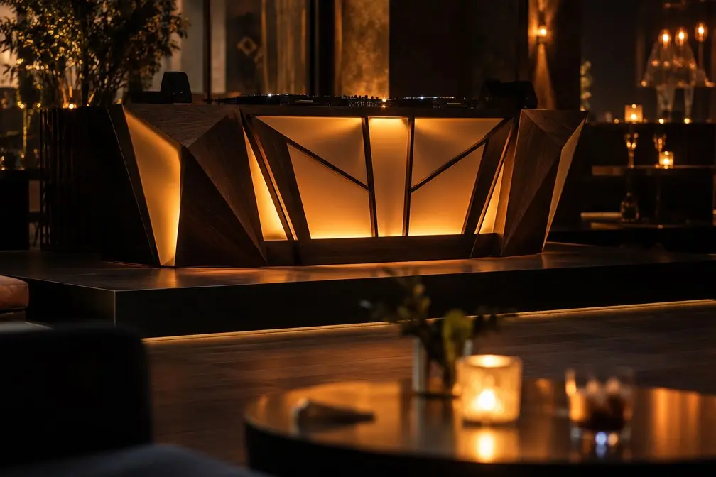 Custom faceted DJ booth fabricated in-house by Expert Staging Productions