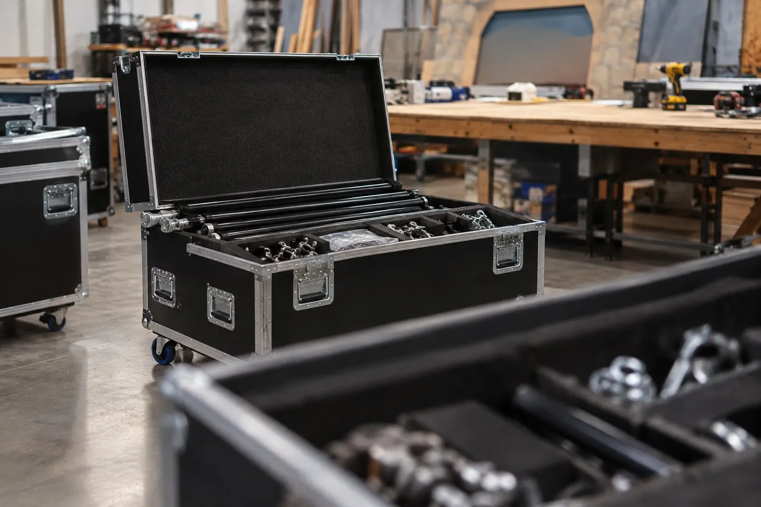Foam-lined road cases packed with staging hardware on the Expert Staging Productions fabrication floor