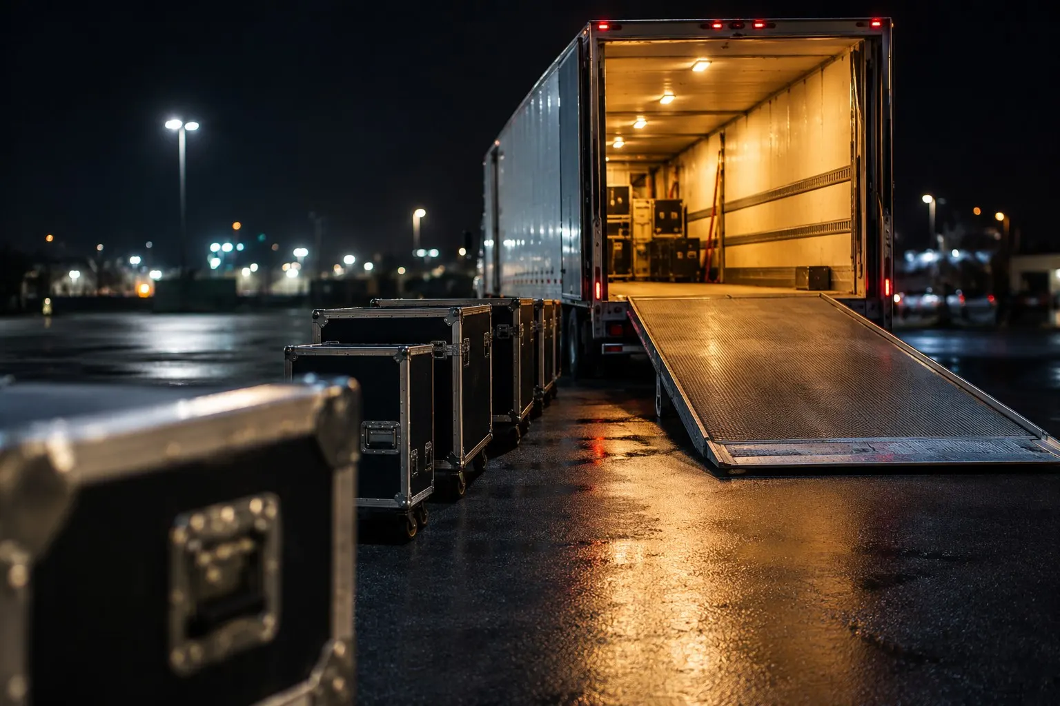 Road cases staged at an open trailer during a night load-in for a Las Vegas event build