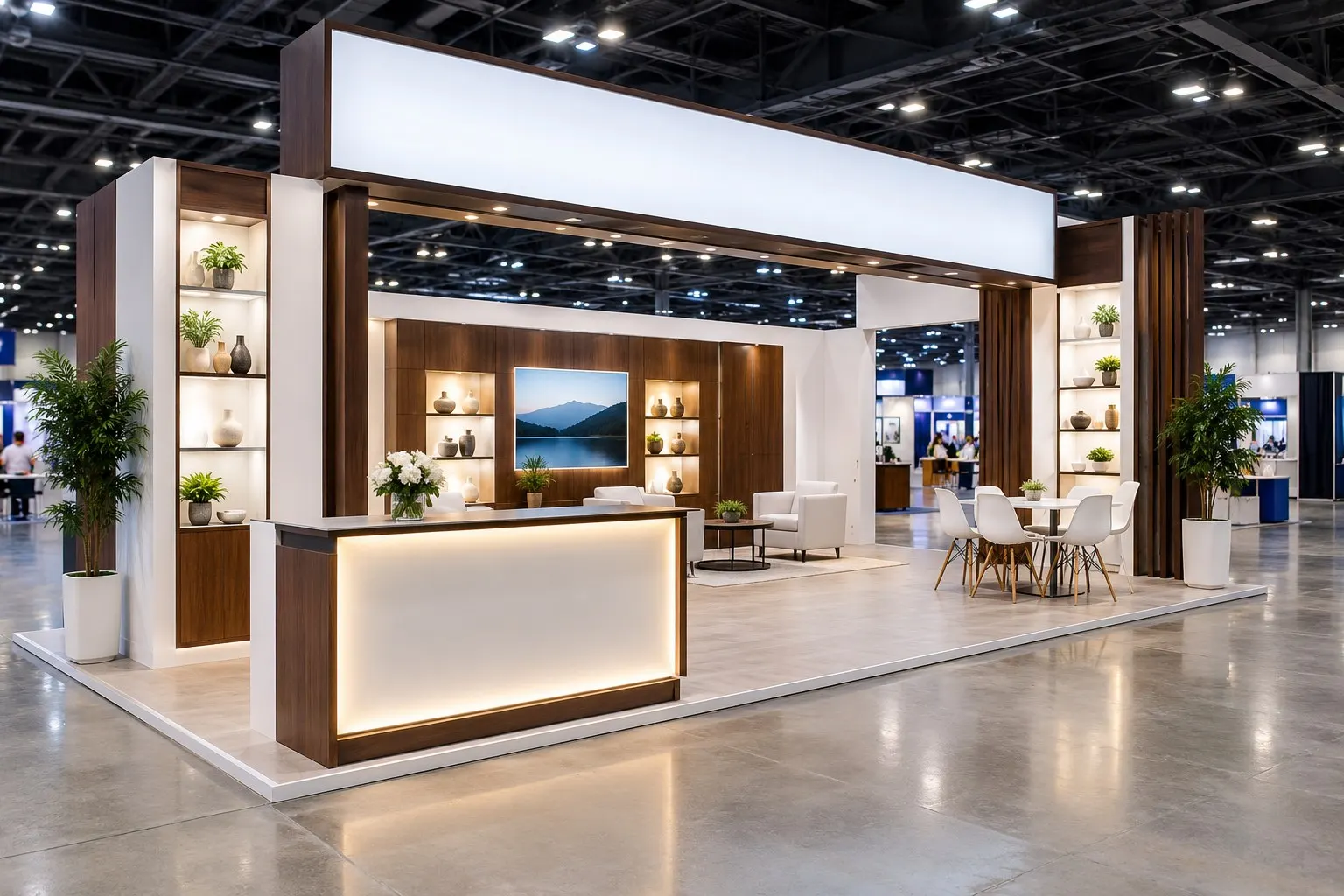 Custom trade show booth with a backlit header and reception counter, designed and built by Expert Staging Productions