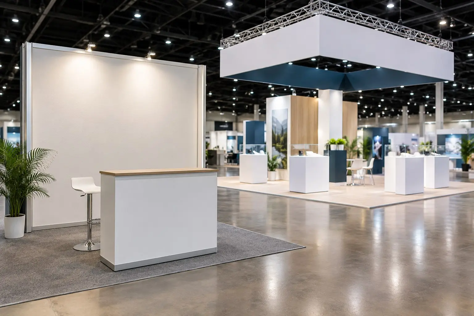 Inline and island trade show booth configurations shown side by side on a convention show floor
