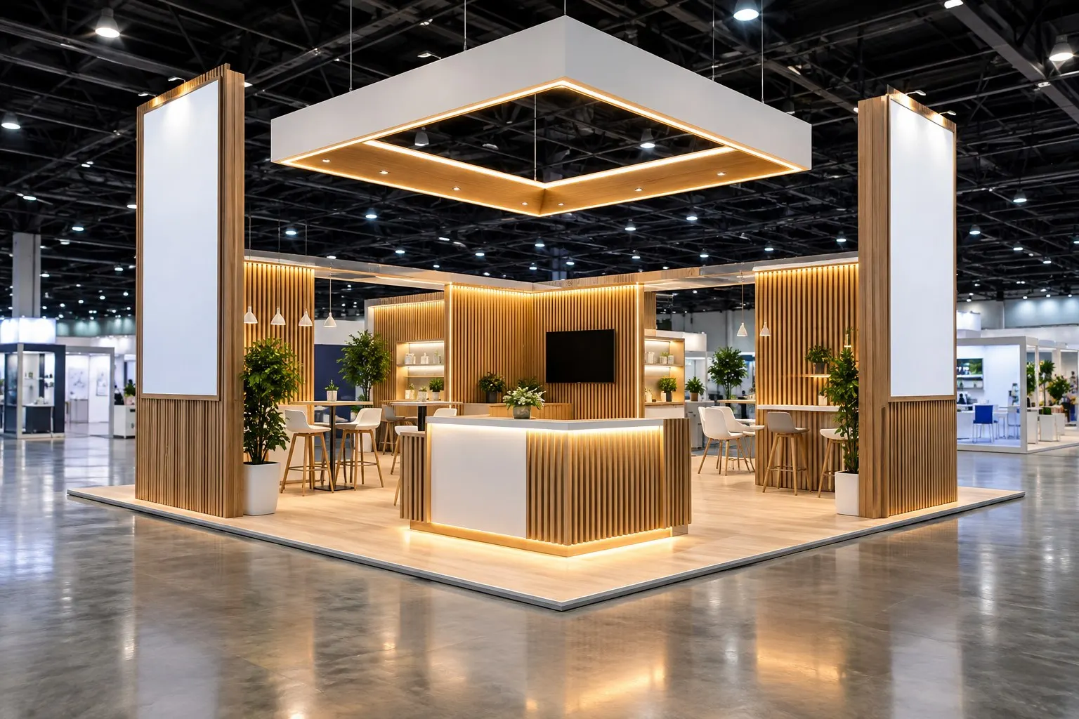 Finished 20x20 island trade show booth with hanging structure installed at a Las Vegas convention