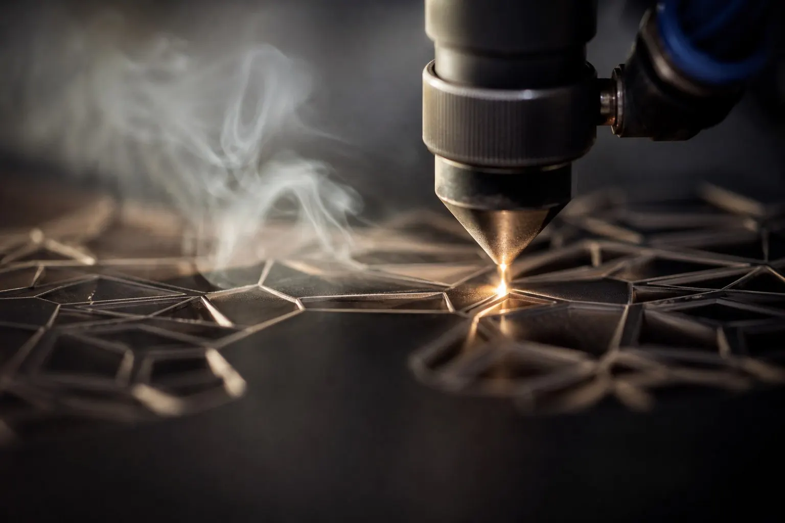 Laser cutter engraving a detailed pattern into an acrylic panel for custom event scenery
