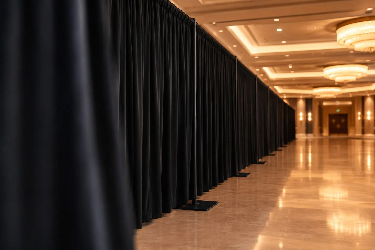 Completed pipe and drape installation with pleated black drape in a Las Vegas ballroom, installed by Expert Staging Productions