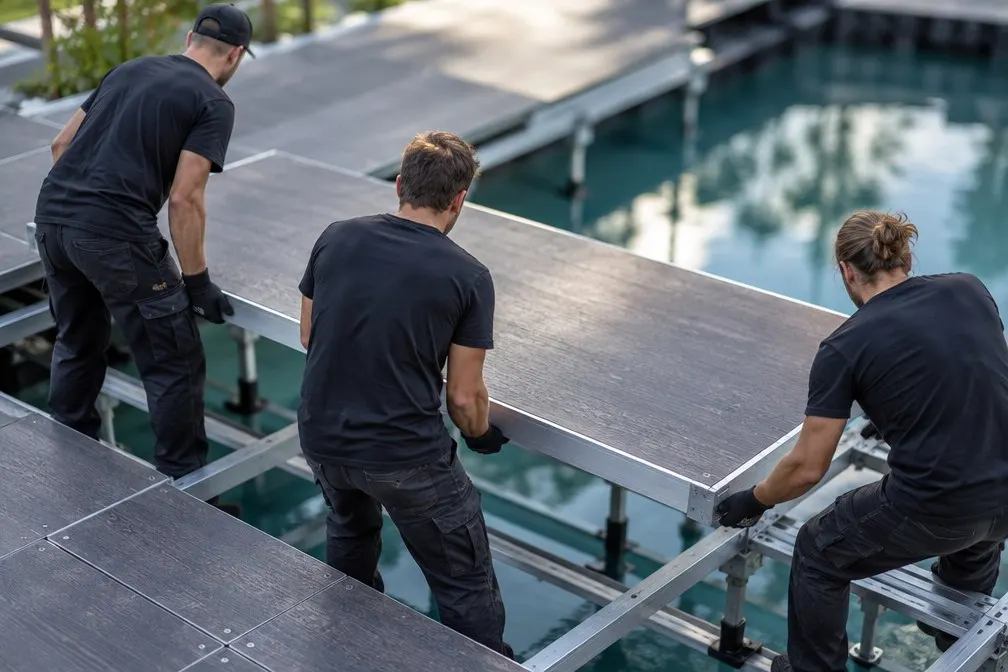 Expert Staging Productions crew lowering a decking panel into place on a pool deck stage support frame