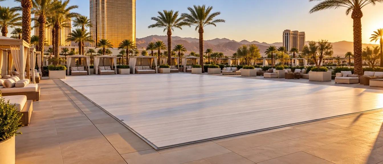 Engineered pool deck stage covering a resort pool in Las Vegas, creating a flat event platform over the water
