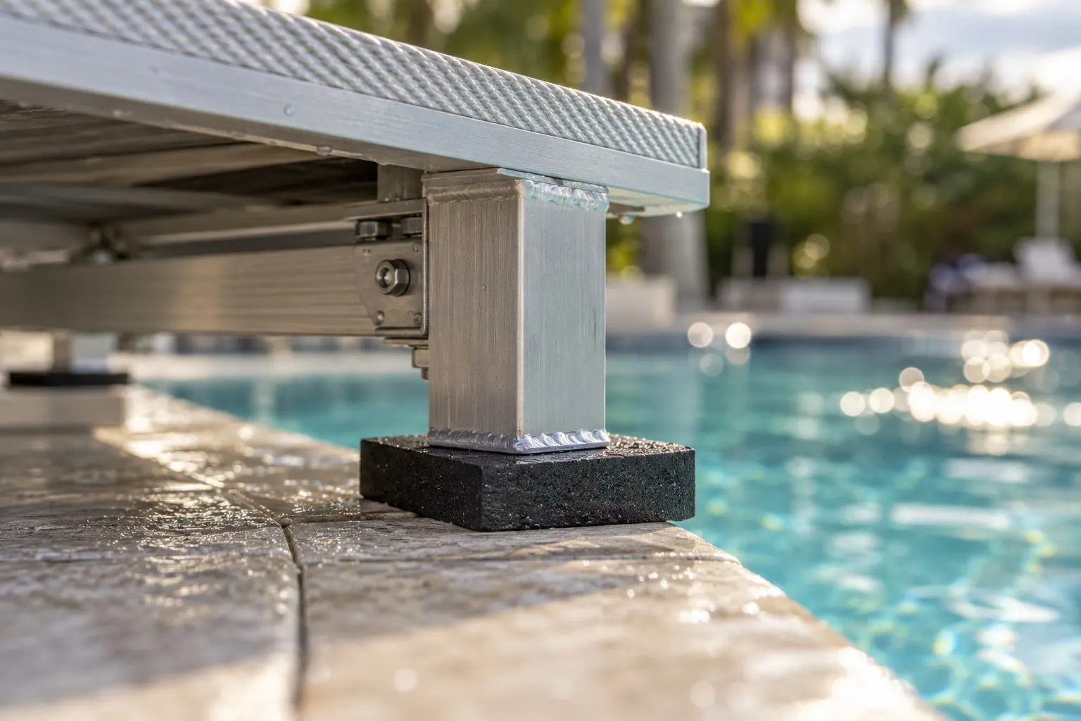 Close-up of non-slip pool deck stage decking, aluminum support frame and protective padding at the pool coping