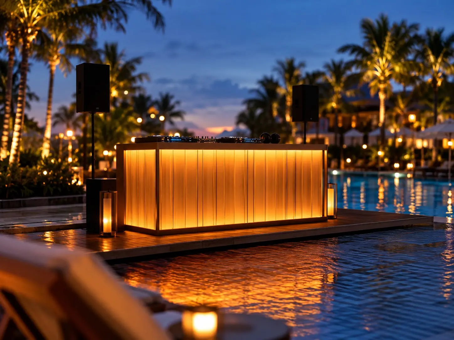 Illuminated custom DJ booth on a pool deck at a Las Vegas after-party
