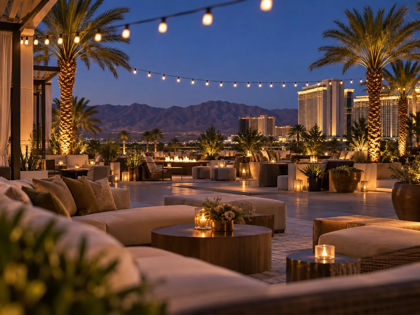 Pool deck stage dressed for an evening resort event with string lights and lounge seating in Las Vegas