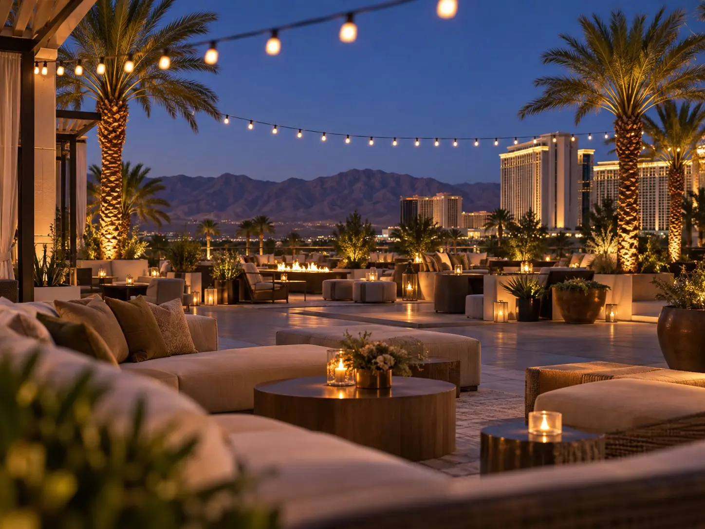 Engineered pool deck stage in use at a Las Vegas resort pool at dusk