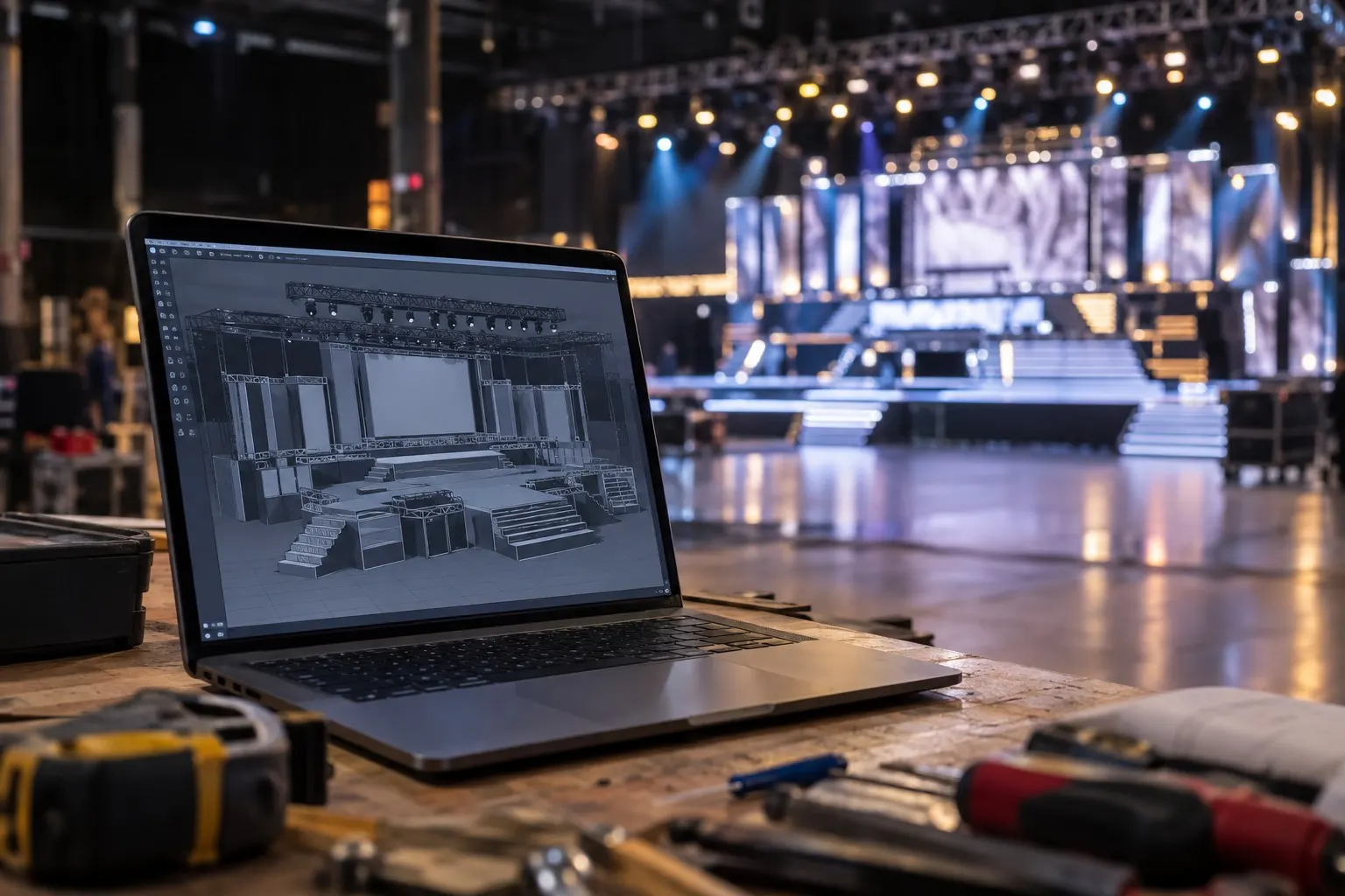3D rendering of an event stage on a laptop beside the finished stage build in the Expert Staging Productions shop