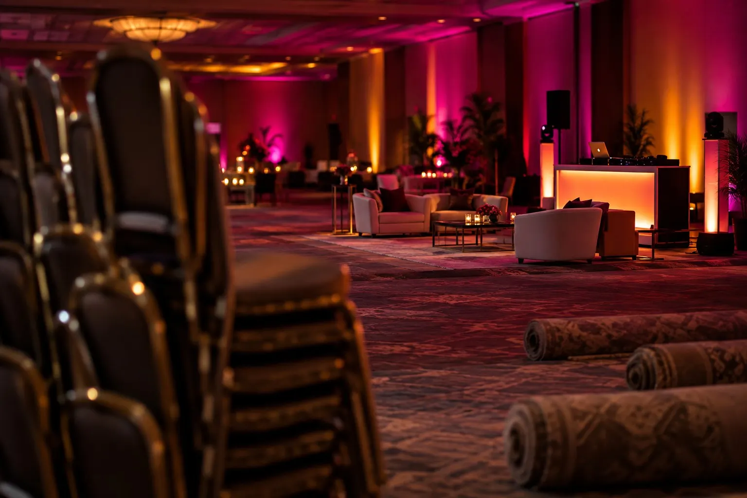Ballroom mid-changeover from conference setup to after-party production with lounge furniture and colored uplighting