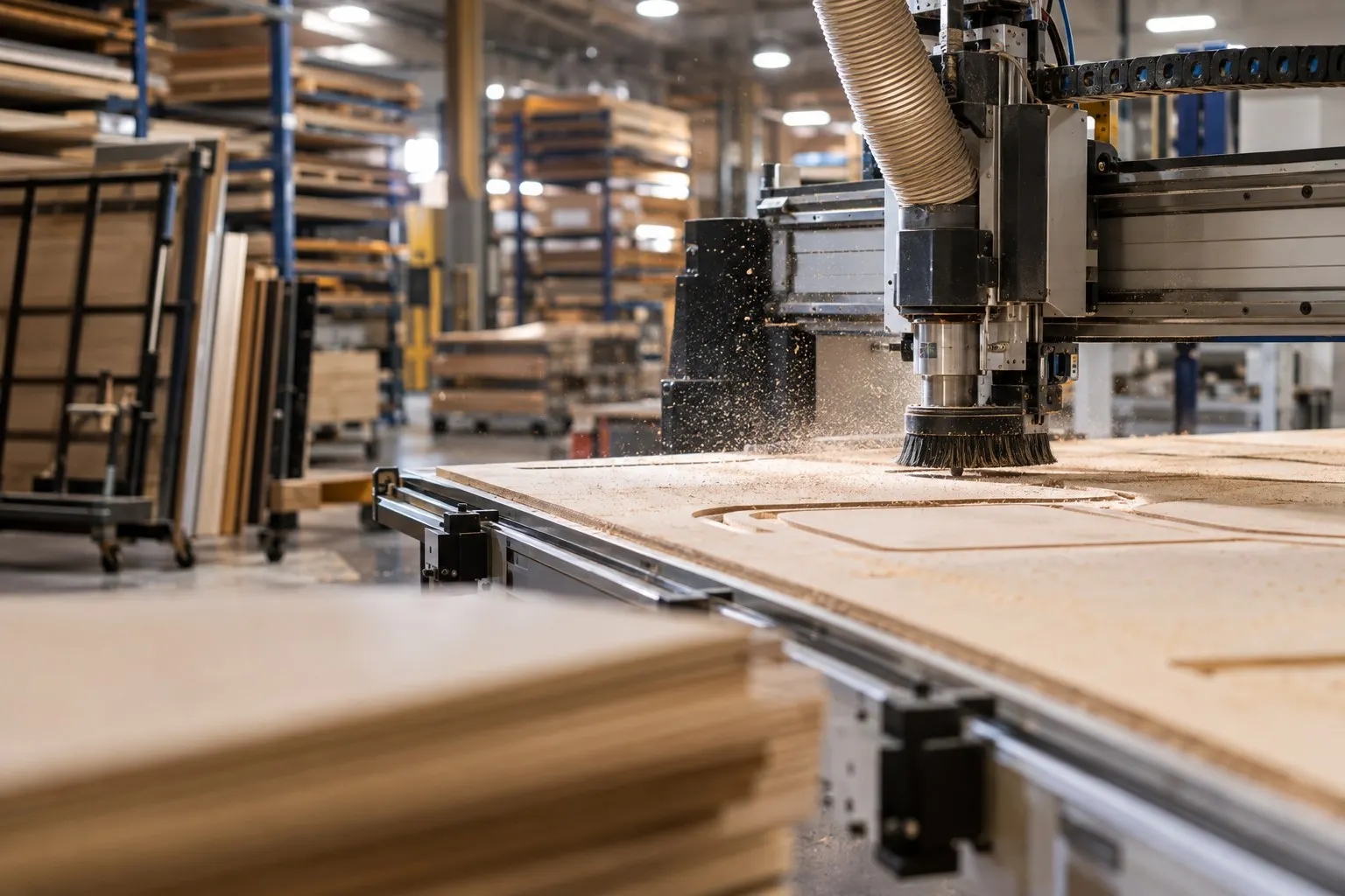 CNC router cutting plywood for custom event staging in the Expert Staging Productions fabrication shop in Las Vegas