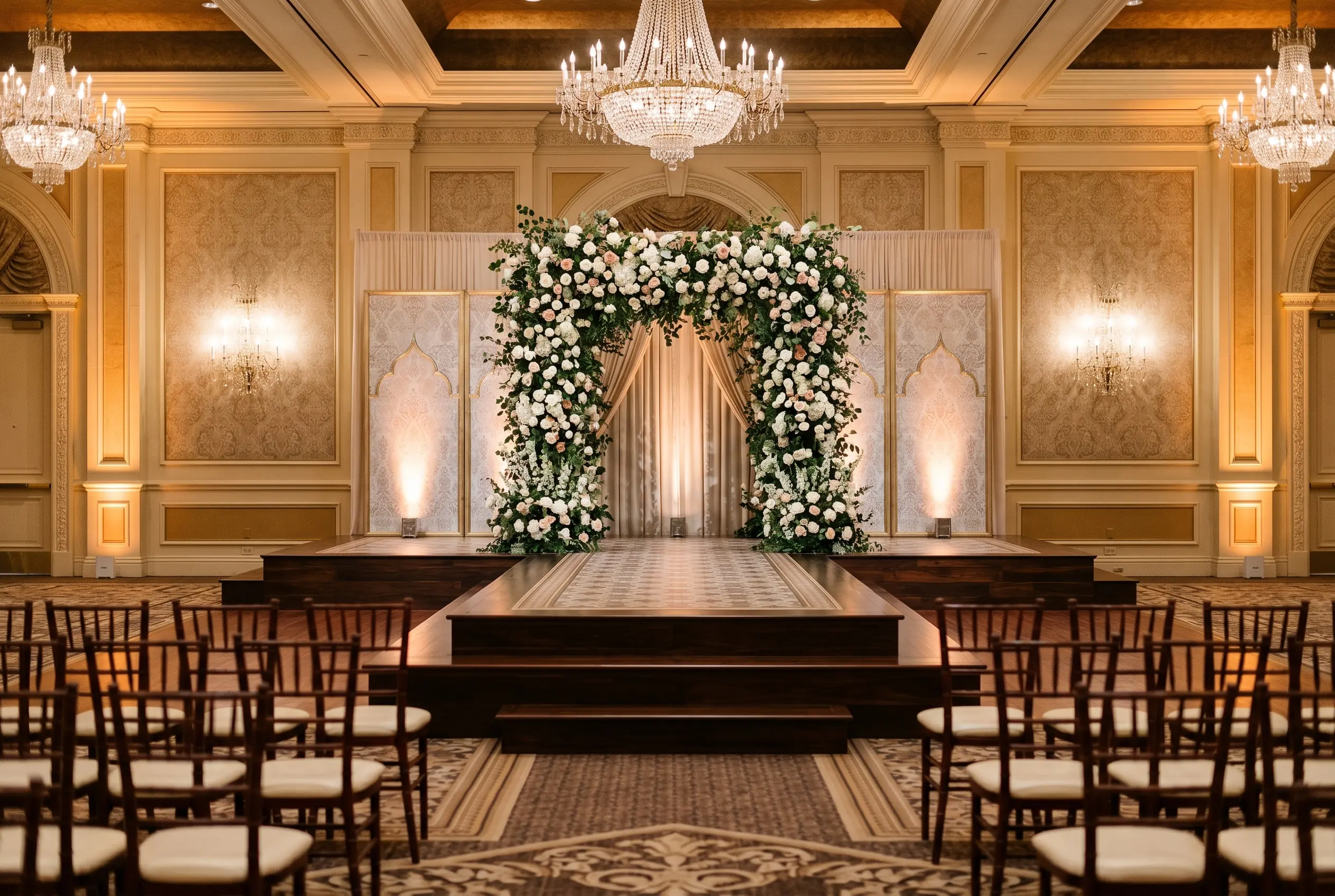 Custom-built wedding ceremony stage with floral arch at a Las Vegas luxury resort ballroom